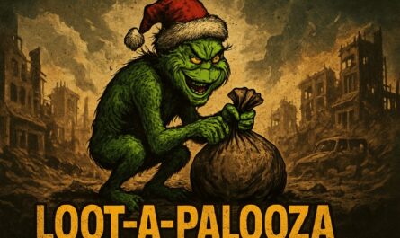 Promotional image for the Loot-A-Palooza mod by TheMeanOneDevelopments for the game 7 Days to Die. The image features a grinch-like character crouching over a bag of loot wearing a Christmas hat.