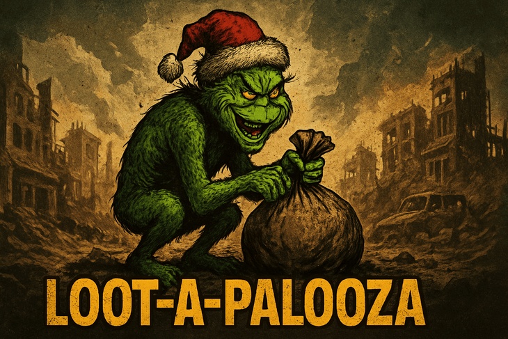 Promotional image for the Loot-A-Palooza mod by TheMeanOneDevelopments for the game 7 Days to Die. The image features a grinch-like character crouching over a bag of loot wearing a Christmas hat.