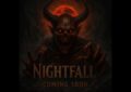 Promotional image for "Nightfall", the upcoming overhaul mod by TheMeanOneDevelopments. The image features a demonic zombie with horns reaching towards the user, backlit by a blood moon.