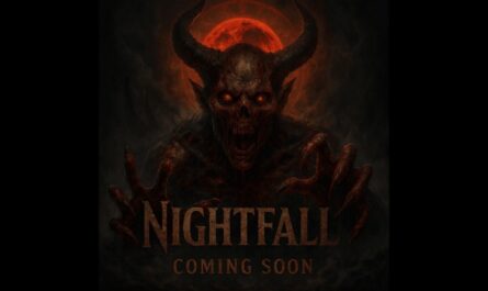 Promotional image for "Nightfall", the upcoming overhaul mod by TheMeanOneDevelopments. The image features a demonic zombie with horns reaching towards the user, backlit by a blood moon.