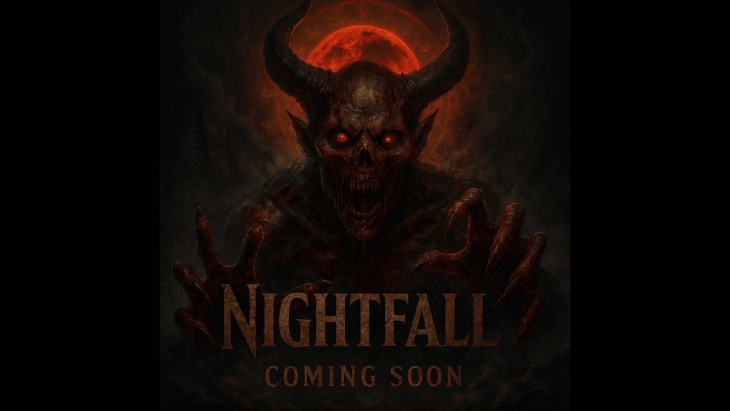 Promotional image for "Nightfall", the upcoming overhaul mod by TheMeanOneDevelopments. The image features a demonic zombie with horns reaching towards the user, backlit by a blood moon.