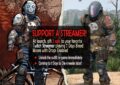 Promotional image for the 7 Days Blood Moons “Support a Streamer” event by The Fun Pimps and iLLOGIKA. The left side shows a comic-style character in detailed post-apocalyptic armor with a blue mask featuring a red smile and eyes. The right side shows the same armored character rendered in-game in 7 Days to Die. The text reads: “Support a Streamer! At launch, gift 2 subs to your favorite Twitch Streamer playing 7 Days Blood Moons with Drops Enabled. Unlock the outfit in-game immediately. Coming to 7 Days to Die 4 weeks later!” The image also notes that a female version of the outfit is available.