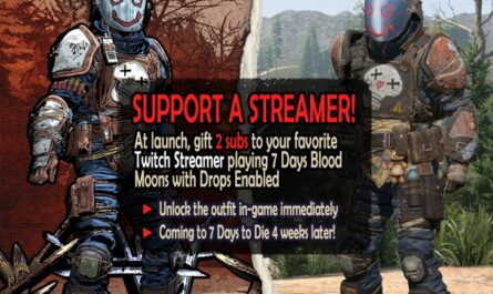 Promotional image for the 7 Days Blood Moons “Support a Streamer” event by The Fun Pimps and iLLOGIKA. The left side shows a comic-style character in detailed post-apocalyptic armor with a blue mask featuring a red smile and eyes. The right side shows the same armored character rendered in-game in 7 Days to Die. The text reads: “Support a Streamer! At launch, gift 2 subs to your favorite Twitch Streamer playing 7 Days Blood Moons with Drops Enabled. Unlock the outfit in-game immediately. Coming to 7 Days to Die 4 weeks later!” The image also notes that a female version of the outfit is available.