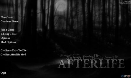 Main menu screen for the mod "Echoes of the Afterlife", the official continuation of the Afterlife mod for the game 7 Days to Die. The menu depicts a black and white image of a moonlit forest with the word Afterlife in ghostly letters along the bottom.